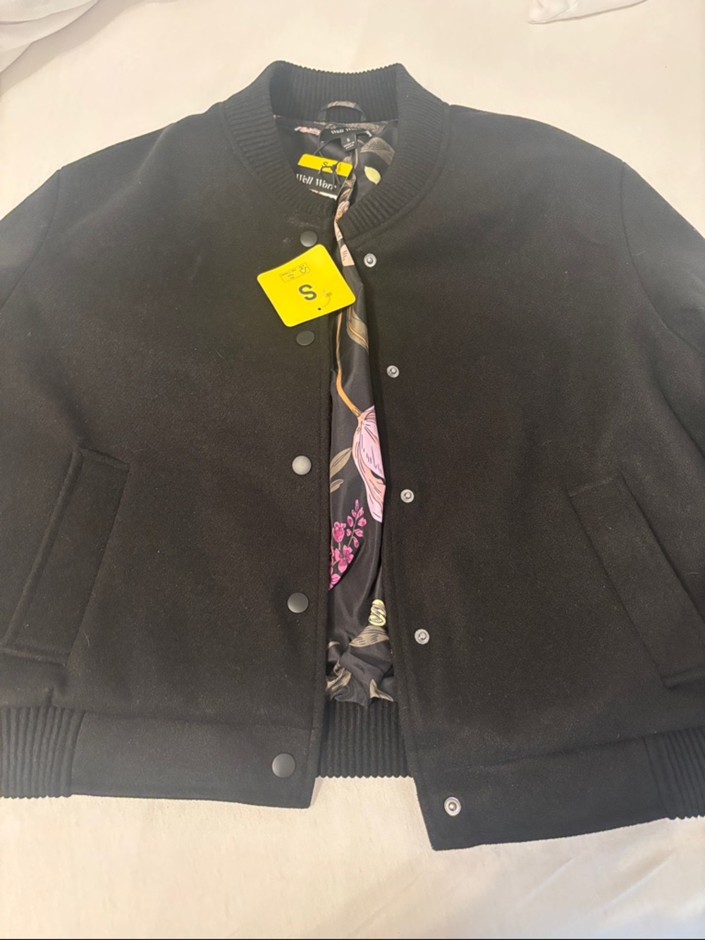 Well Worn Black Bomber Jacket with Floral Satin Lining